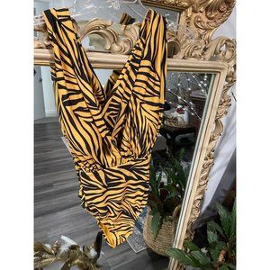 Swim RX Woman’s Tiger Stripe Plunge Halter Swim Suit. Sz XL